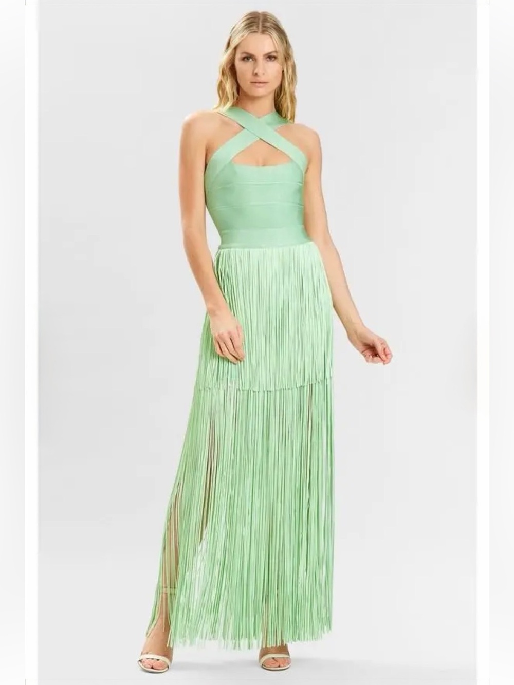 Herve Leger Cross-Neck Fringe Maxi Dress | Bandage | Wedding Guest | Cocktail